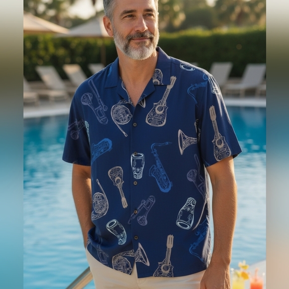 Tommy Bahama - Navy Blue Original Fit, Button Up Shirt W/ Musical... - Picture 10 of 10